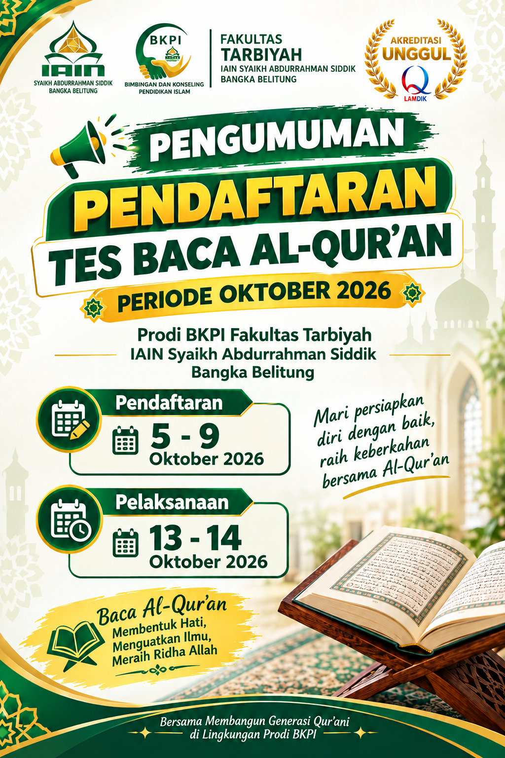 Pendaftaran Tes Baca Al-Qur’an Periode Oktober 2026: Prodi BKPI